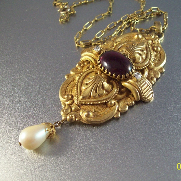 RESERVED Vintage Victorian Revival Necklace, Amethyst Glass Cabochon Rhinestone Statement