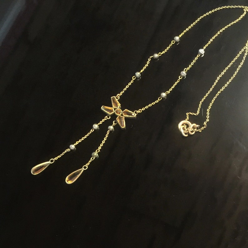 Victorian Citrine Glass Seed Pearl Lavalier Drop Necklace Stylized Butterfly Open Back Bezel Set