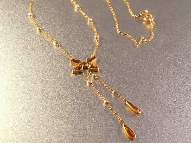 Victorian Citrine Glass Seed Pearl Lavalier Drop Necklace Stylized Butterfly Open Back Bezel Set