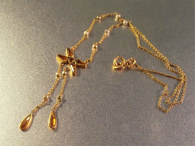 Victorian Citrine Glass Seed Pearl Lavalier Drop Necklace Stylized Butterfly Open Back Bezel Set