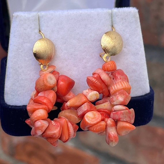 Salmon Coral Nugget Drop Earrings, Ear Wire, 2" L… - image 5