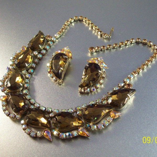 Vintage Rhinestone Necklace Earrings Set, Smokey Topaz Paisley Shape & AB Stones