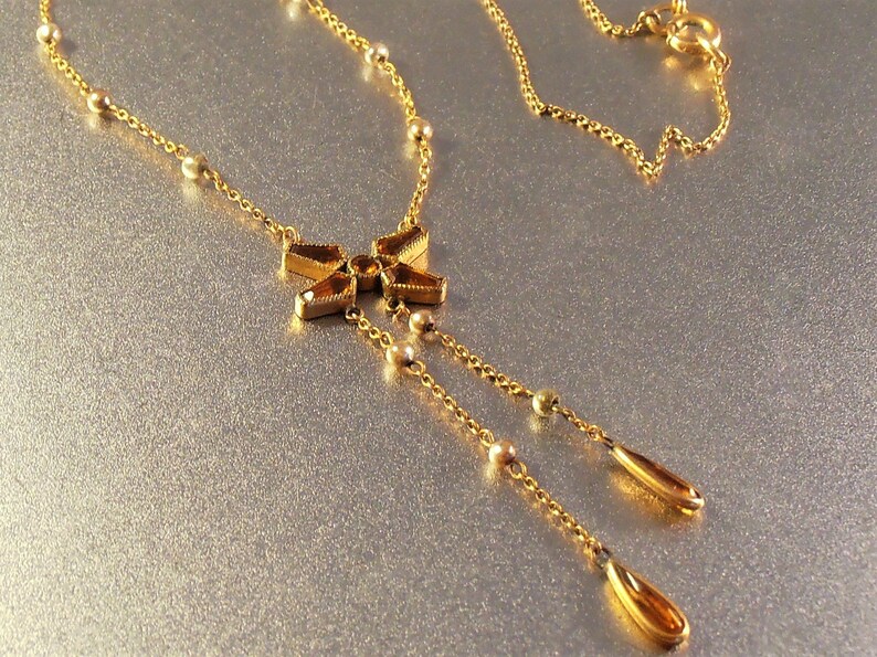 Victorian Citrine Glass Seed Pearl Lavalier Drop Necklace Stylized Butterfly Open Back Bezel Set