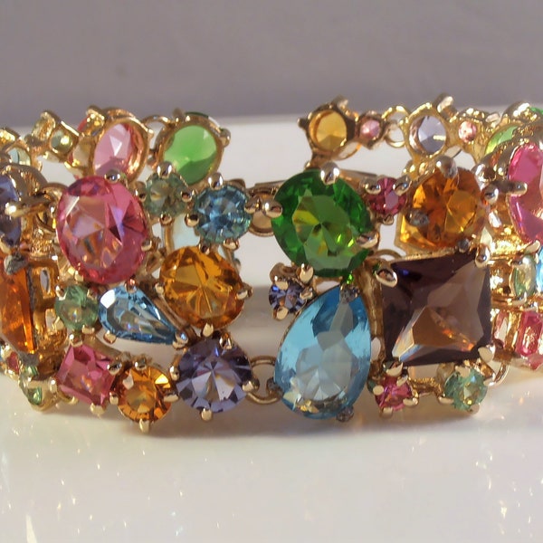 Chunky Rhinestone Bracelet, Open Set Pastel Crystals, Statement Bracelet, Pink Purple Blue Green, 81 grams