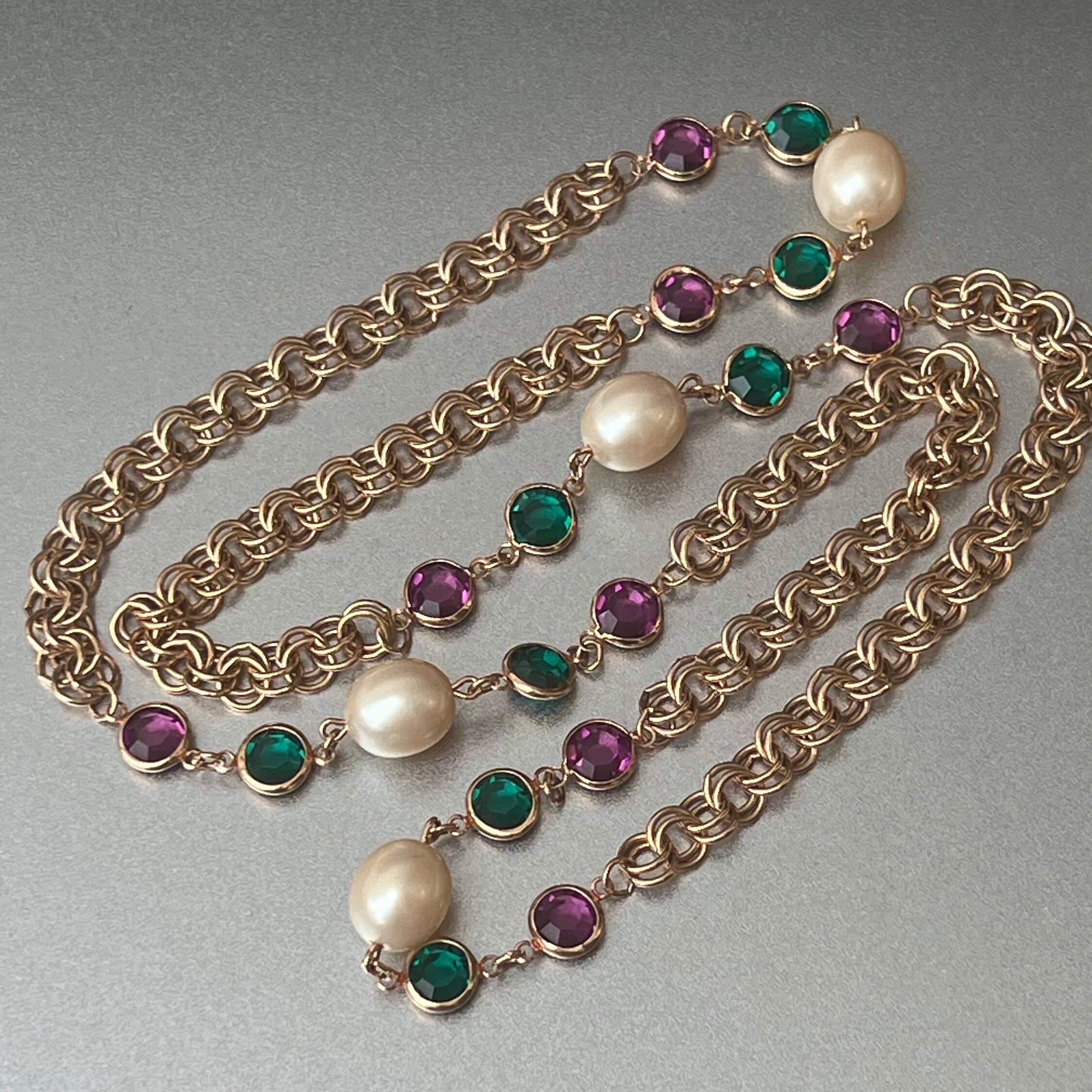 Vintage Swarovski Crystal Gold Bezel Necklace Long Faceted Green Ruby Smoke  Amet