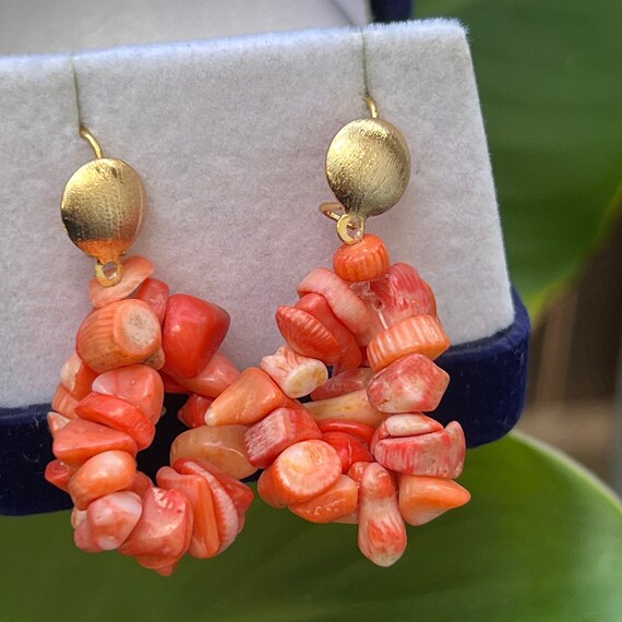 Salmon Coral Nugget Drop Earrings, Ear Wire, 2" L… - image 3