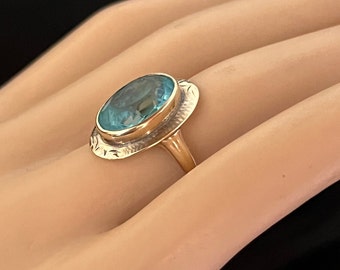 Victorian 10K Aqua Cocktail Ring, Yellow Gold, 4 grams, Size 5.5