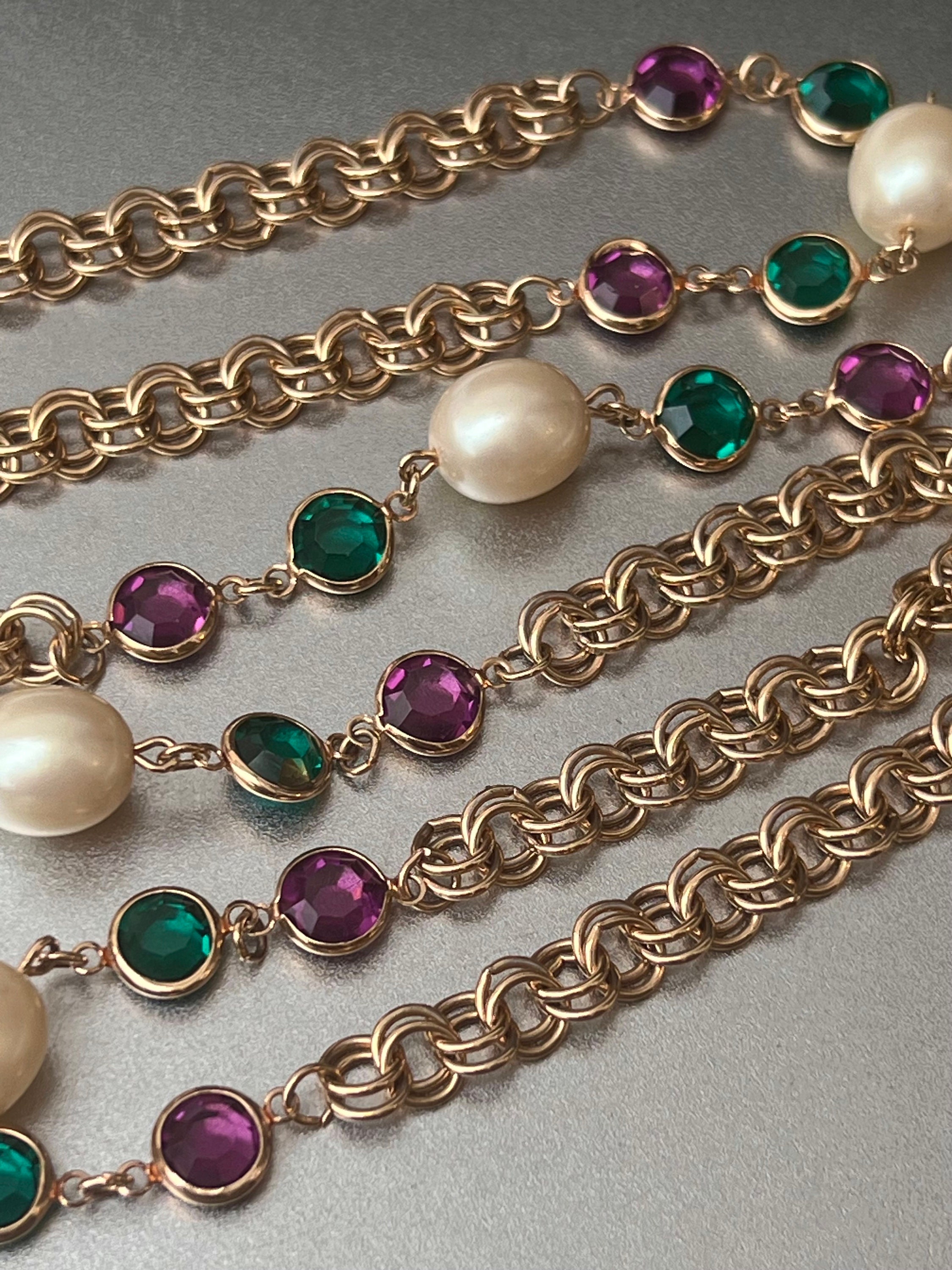 Vintage Swarovski Crystal Gold Bezel Necklace Long Faceted Green Ruby Smoke  Amet