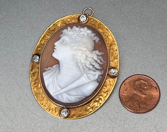 Edwardiaanse 9k gesneden cameo 1ctw diamanten broche en hangercombinatie, hoog reliëf, geel goud, 11,3 gram, 2" lang