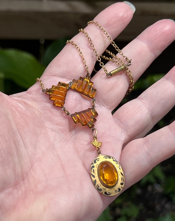 Art Deco Citrine Glass Vauxhall Dangle Drop Neckl… - image 6