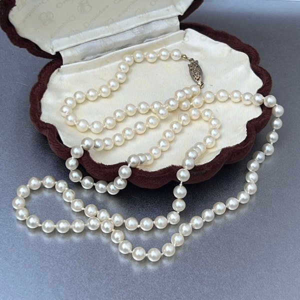 Vintage Glass Pearl Necklace with Silver Filigree Clasp, Hand Knotted, 30” Opera Length