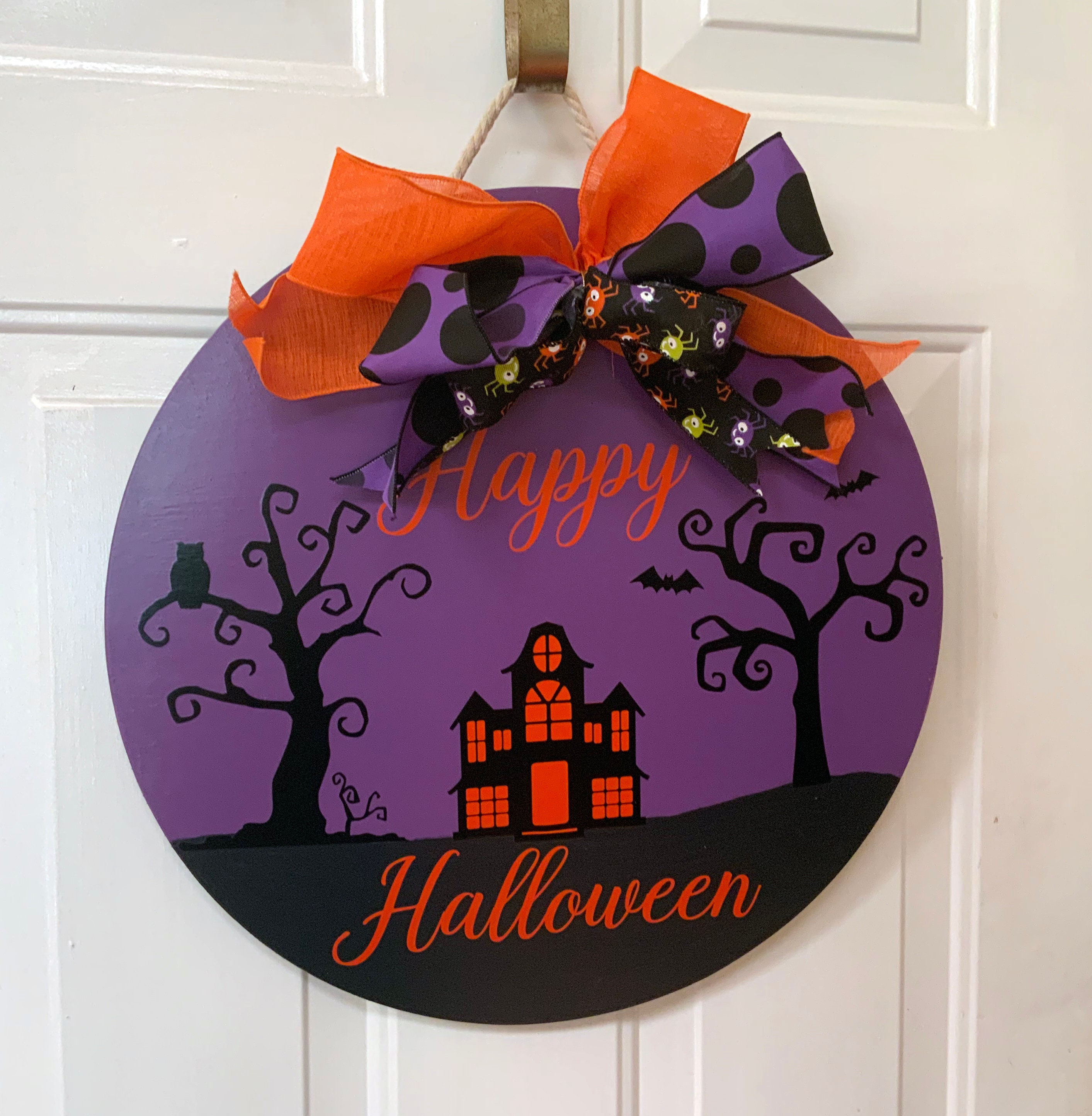 Happy Halloween Front Door Hanger 18 Round Wooden Etsy