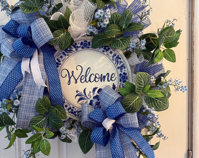 Featured listing image: Blue White Chinoiserie Wreath | Farmhouse Floral Welcome Door Decor