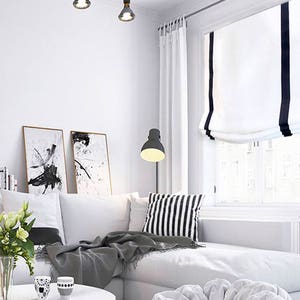 White Flat Relaxed Roman Shades Linen with Black Bordered Trim, Farmhouse Contemporary Modern Roman Shade/CL1010