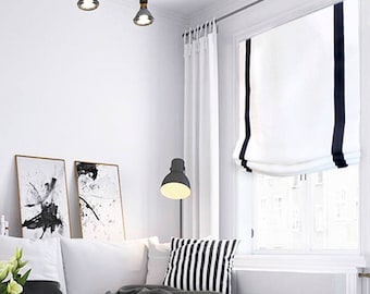 White Relaxed Roman Shades Linen with Black Bordered Trim, CL1010