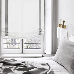 Grey Border White 100% Natural Linen Custom Made Relaxed Roman Shade / CL1010