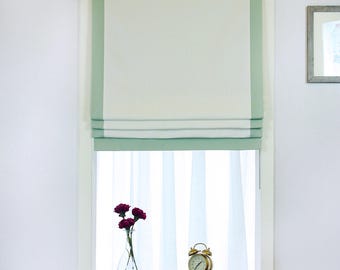 White Linen Roman Shades with Banded Mint Trim/CL1010