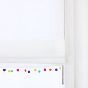 White Natural Linen Flat Roman Shade with Multi Color Pom Pom/CL1010
