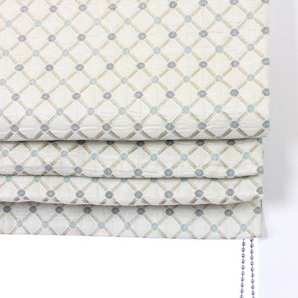 Seamless Light Green Diamond Pattern Beige Jacquard Custom Made Farmhouse style Flat Roman Shade.