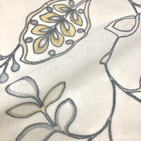 Leaf Floral Embroidery Linen Blend Sheer Fabric By The Yard, Curtain, Drapery, Home Decor, Table Top, 54" Width/CL1011