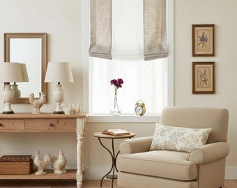 Natural & White Two-Tone Natural Linen Relaxed Roman Shade, CL1010