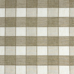May include: A close-up of a fabric with a checkered pattern. The pattern features alternating squares of white and a muted olive green. The fabric has a textured appearance, suggesting a woven material.