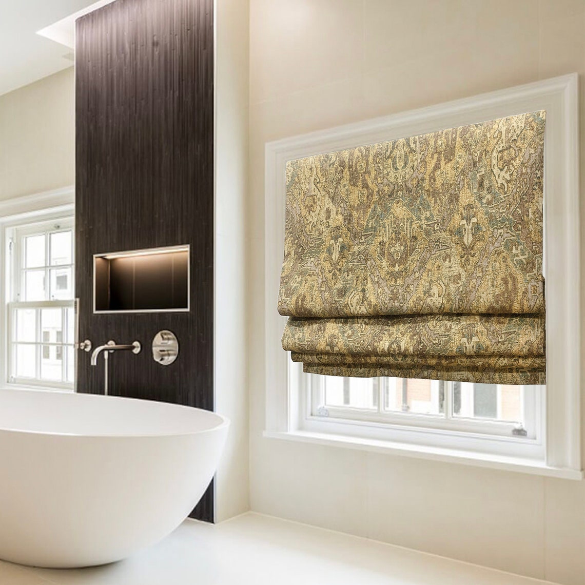 Gold Damask Flat Roman Shade Home Interior Window Treatment Etsy