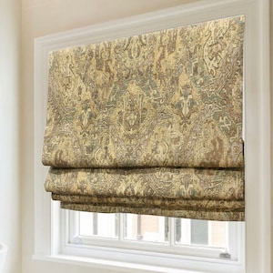 Gold Damask Flat Roman Shade, Home Interior Window Treatment