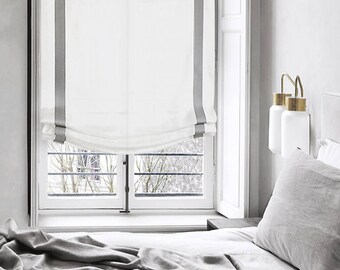 Grey Border White 100% Natural Linen Custom Made Relaxed Roman Shade | CL1010
