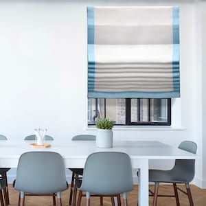 White Linen with Blue Trim Flat Roman Shades / CL1010