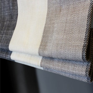 Modern Vintage White, Light Grey and Dark Grey Striped Linen Custom Made Relaxed Roman Shade.