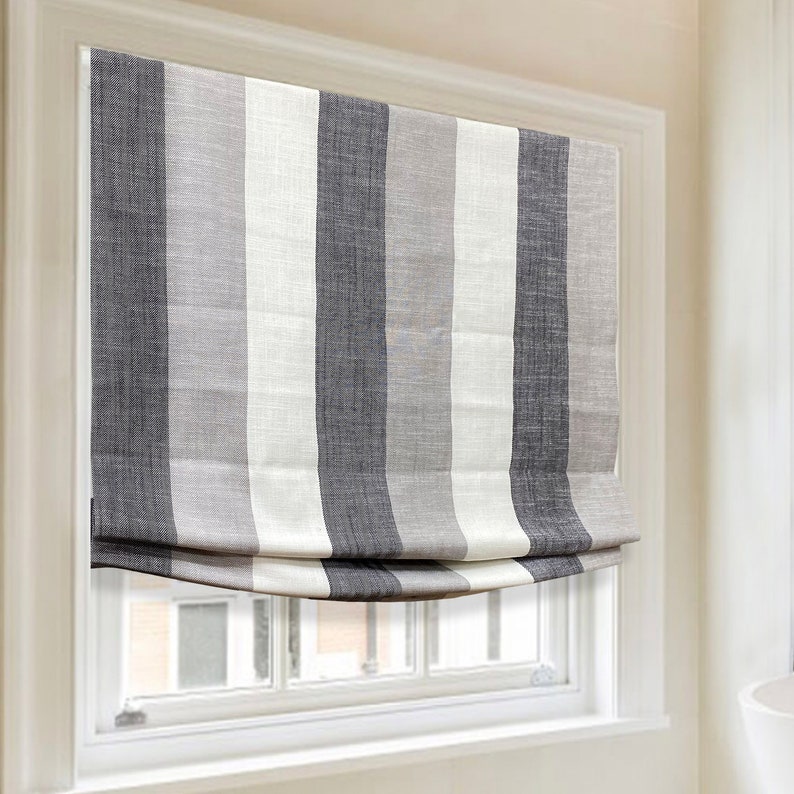 Modern Vintage Flat Roman Shade with Black White Grey Stripe Etsy