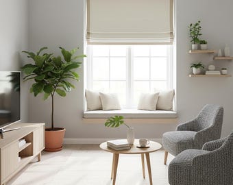 White Linen Flat Roman Shades with Band Bordered Ivory Trim, CL1010