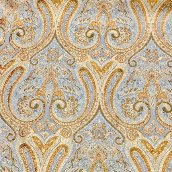 Rustic Blue Coral Gold Damask Soft Sheen Jacquard Fabric Flat Roman Shade/ Relax Roman Shade