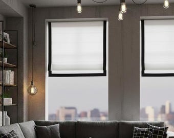 White Linen Flat Roman Shades with Border Black Trim | CL1010