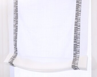 White Linen Flat Relaxed Roman shades with Animal Print Band. Modern Farmhouse Blackout Roman Shade/CL1010