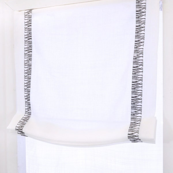 White Linen Flat Relaxed Roman shades with Animal Print Band. Modern Farmhouse Blackout Roman Shade/CL1010