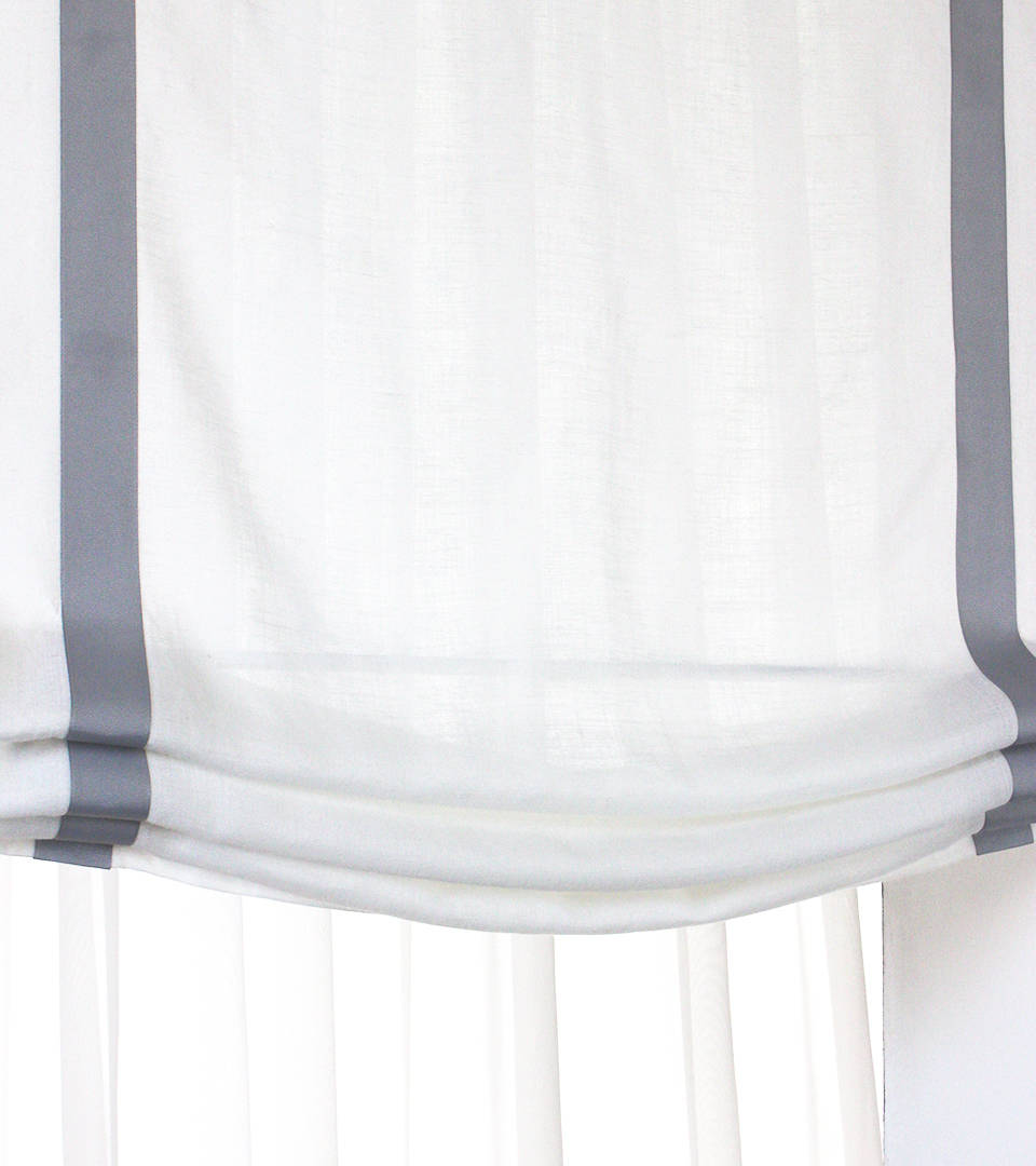 White Linen Flat Relaxed Roman Shades With Gray Trim Band Etsy