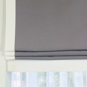 Gray 100% Natural Linen Flat Roman Shades with Banded White Decorative Trims/CL1010