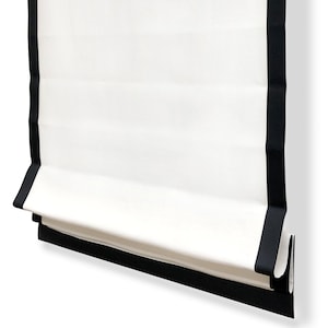 White Linen Flat Roman Shades with Banded Edge Black Trim / CL1010