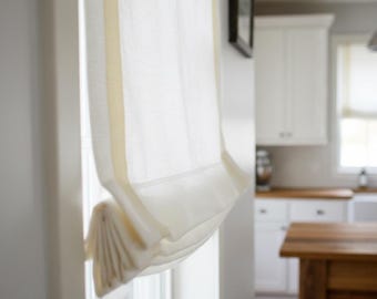 White Linen Relaxed Roman Shades with Cream Trim, CL1010