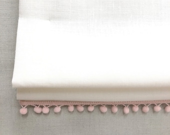 White Linen Flat Roman Shade with Pink Pom Pom / CL1010