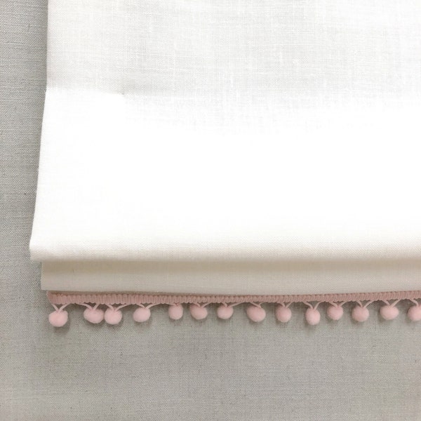 White Linen Flat Relaxed Roman Shade with Pink Pom Pom. Baby Kid Nursery Room Blackout Roman Shade/CL1010