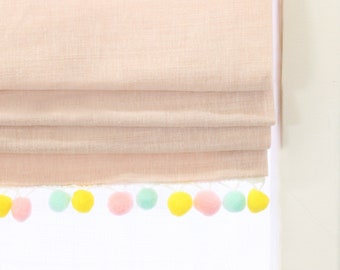 Light Pink Natural Linen Flat Relaxed Roman Shade with Multi Color Pom Pom, Kid's Baby Nursery Room. Blackout Shade/CL1010