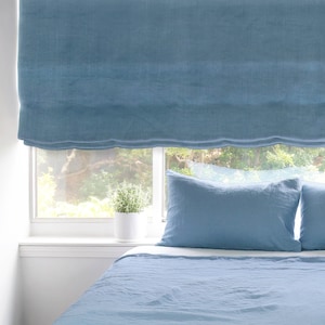 Blue Stonewashed 100% Organic Natural French Linen Roman Shade / CL1058