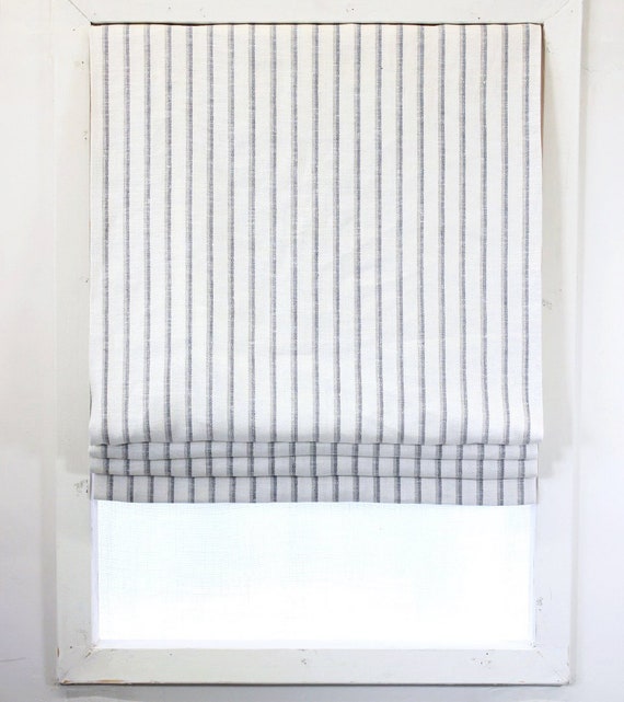 Natural Linen Diagonal Stripe Flat Roman Shade Curtains & Window
