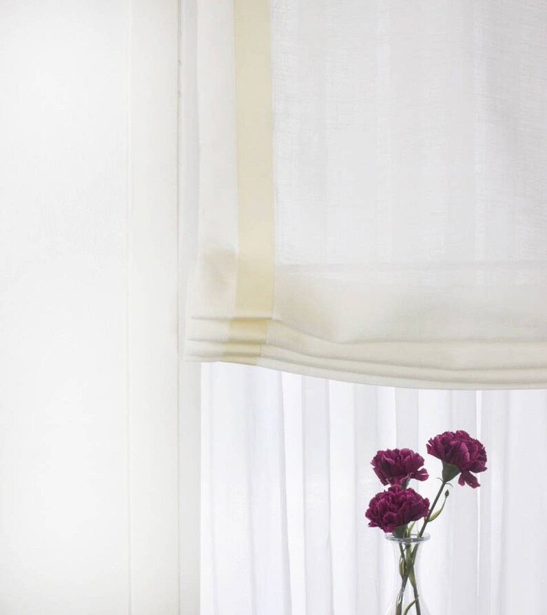 White Linen Flat Relaxed Roman Shades With Ivory Bordered Etsy