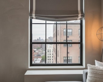 Natural Linen Relaxed Roman Shade, Farmhouse Contemporary Bordered Trim | CL1010