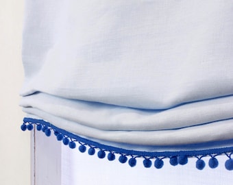 Blue Linen Kid Flat Relaxed Roman Shade with Blue Pom Pom, Blackout shade, Baby Nursery Roman Shade/CL1010