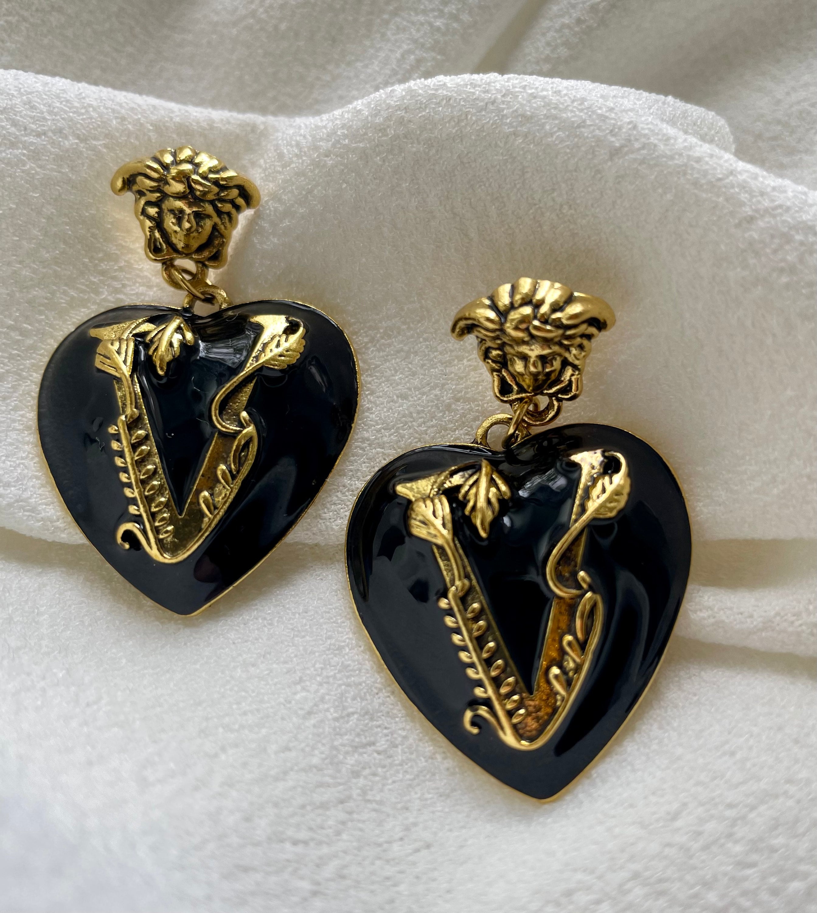 Versace Virtus V Logo Medusa Head Large Silver Hoop Statement Drop Earrings